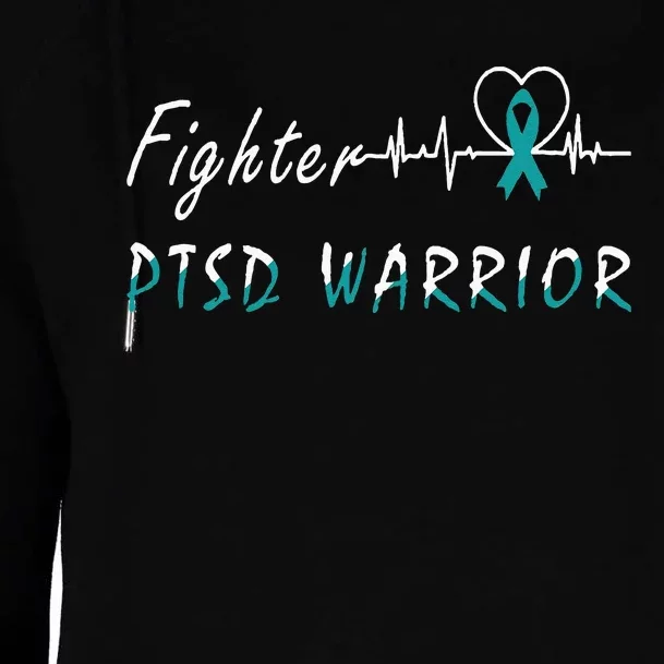 PTSD Warrior Awareness Fighter Support Teal Ribbon Heartbeat Womens Funnel Neck Pullover Hood