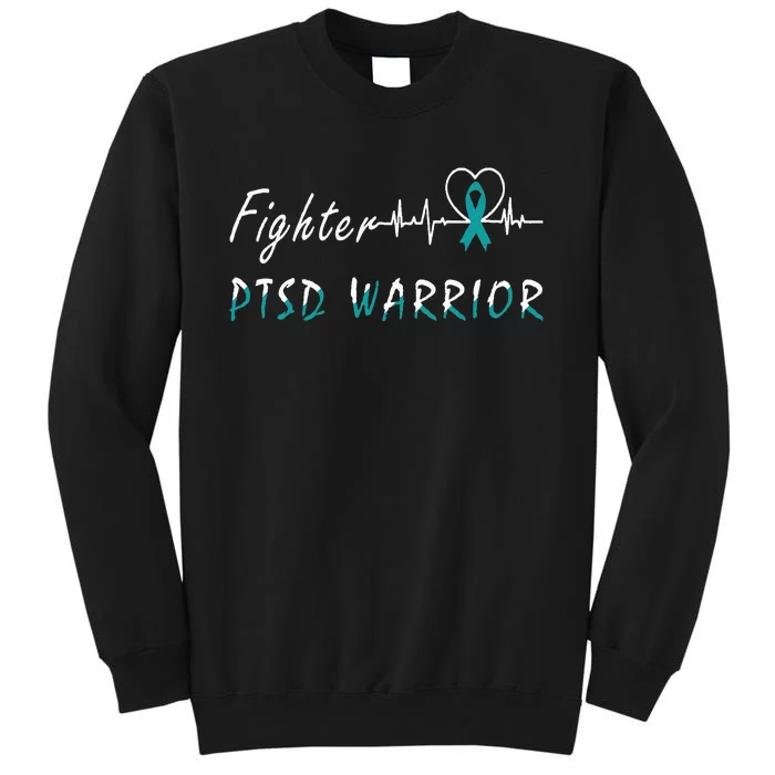 PTSD Warrior Awareness Fighter Support Teal Ribbon Heartbeat Tall Sweatshirt