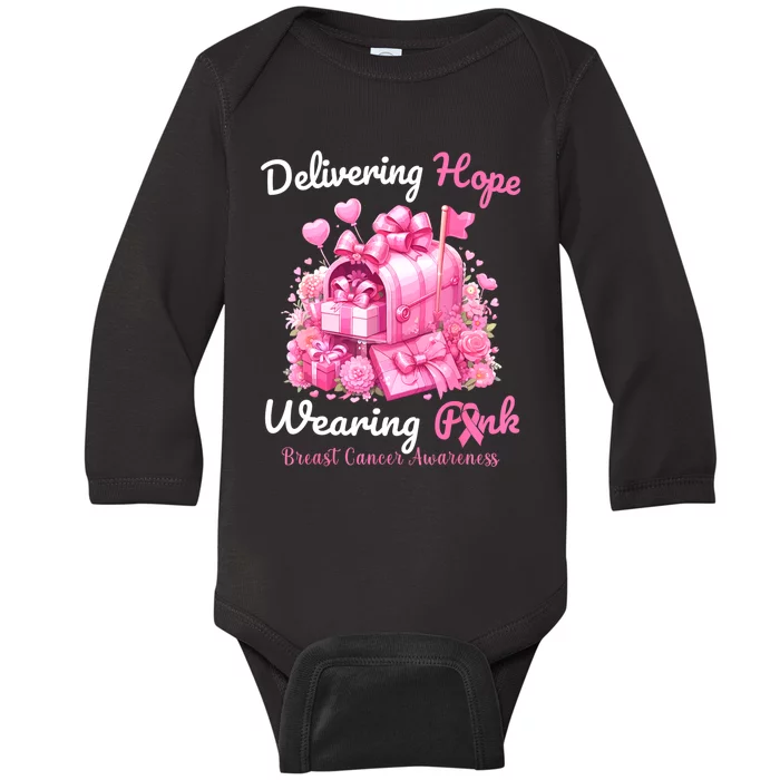 Postal Worker Breast Cancer Awareness October We Wear Baby Long Sleeve Bodysuit