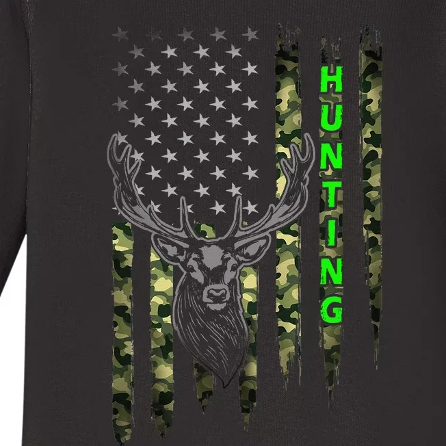 Patriotic Whitetail Buck Deer Hunting American Camouflage Baby Long Sleeve Bodysuit