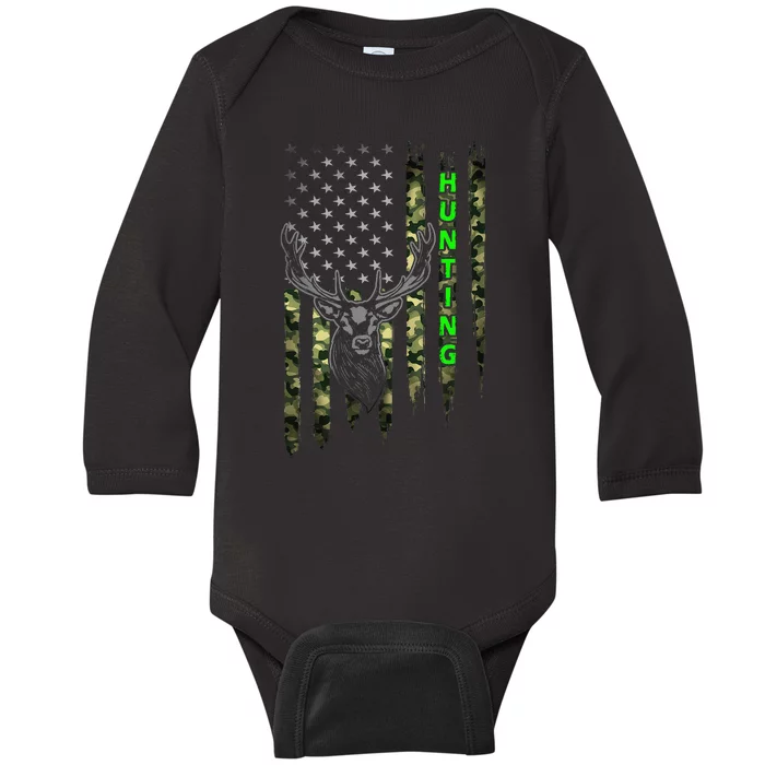 Patriotic Whitetail Buck Deer Hunting American Camouflage Baby Long Sleeve Bodysuit