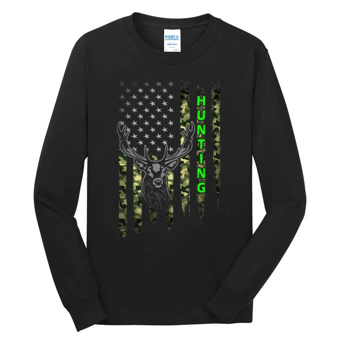 Patriotic Whitetail Buck Deer Hunting American Camouflage Tall Long Sleeve T-Shirt