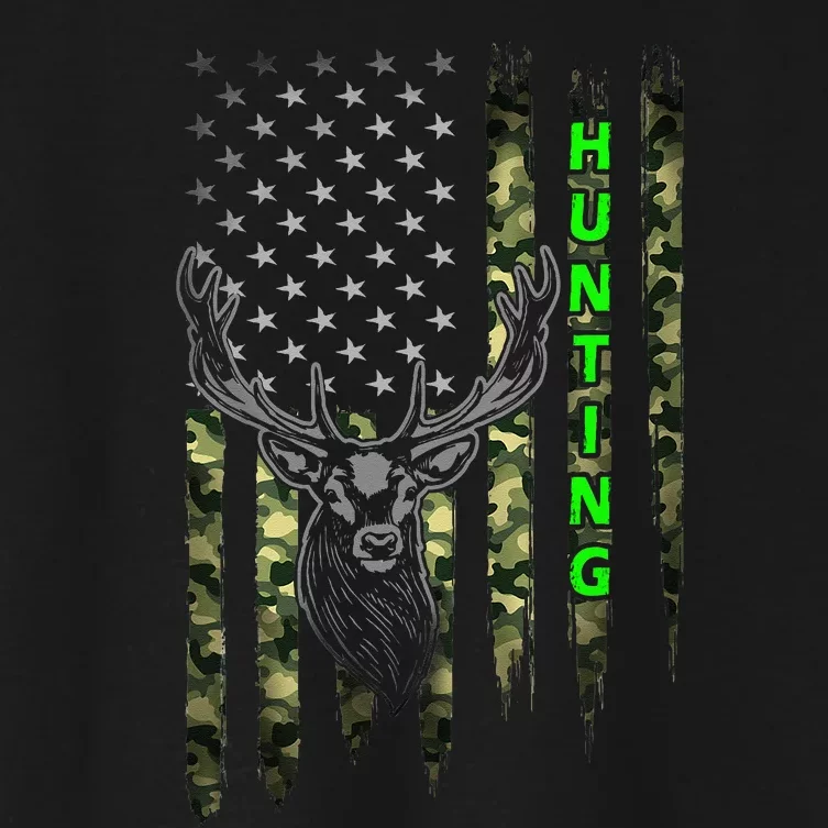 Patriotic Whitetail Buck Deer Hunting American Camouflage Women's Crop Top Tee