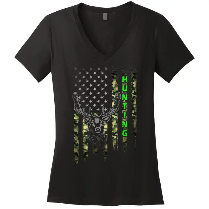 Patriotic Whitetail Buck Deer Hunting American Camouflage Women's V-Neck T-Shirt