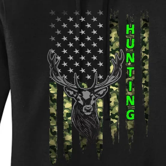 Patriotic Whitetail Buck Deer Hunting American Camouflage Women's Pullover Hoodie