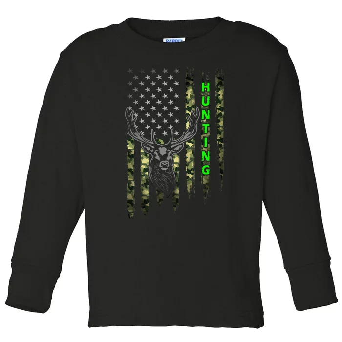 Patriotic Whitetail Buck Deer Hunting American Camouflage Toddler Long Sleeve Shirt