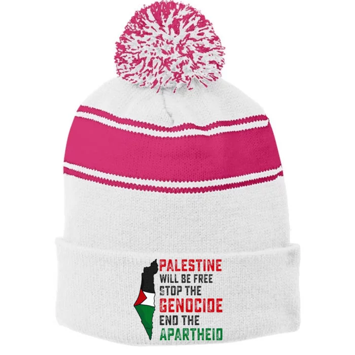 Palestine Will Be Free Stop The Genocide End The Apartheid Stripe Pom Pom Beanie