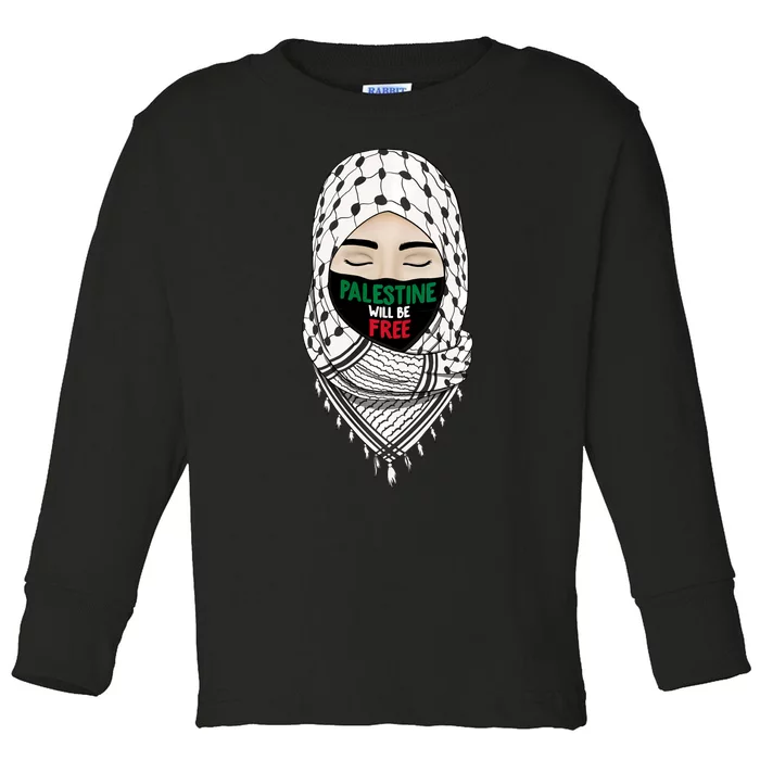 Palestine Will Be Free Gaza Flag Arabic Support Toddler Long Sleeve Shirt