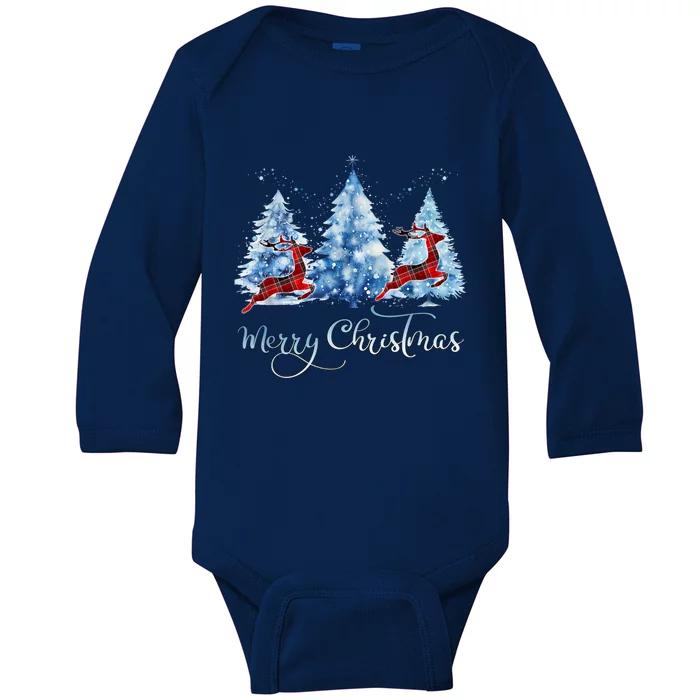 Pretty Wintery Buffalo Plaid Reindeer Merry Christmas Baby Long Sleeve Bodysuit