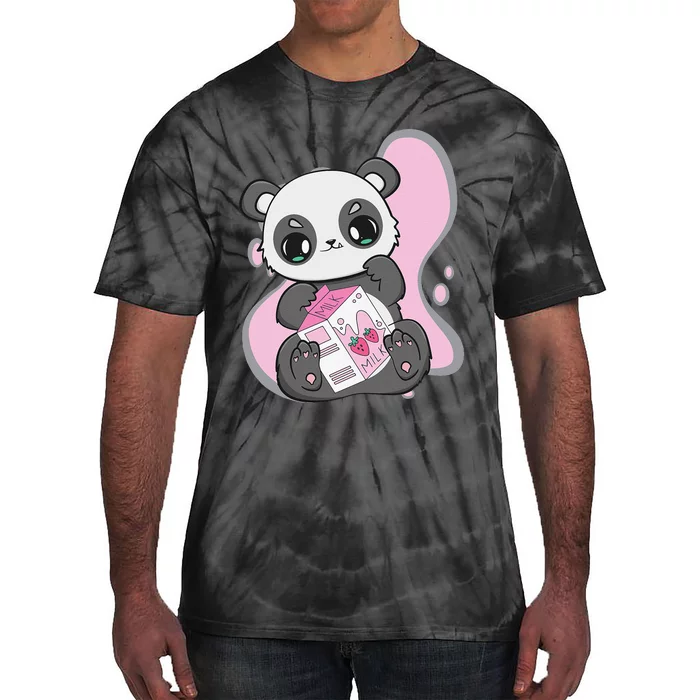 Panda With Boba With Tea Strawberry Milk Shake 90s Otaku Tie-Dye T-Shirt