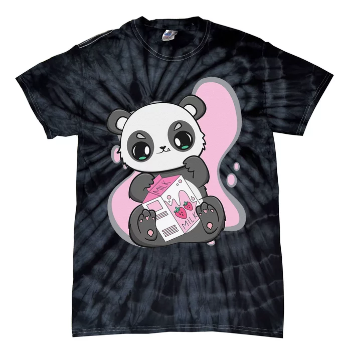 Panda With Boba With Tea Strawberry Milk Shake 90s Otaku Tie-Dye T-Shirt