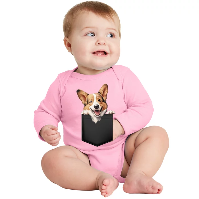 Pembroke Welsh Corgi In Pocket For Dog Canine Enthusiasts Gift Baby Long Sleeve Bodysuit