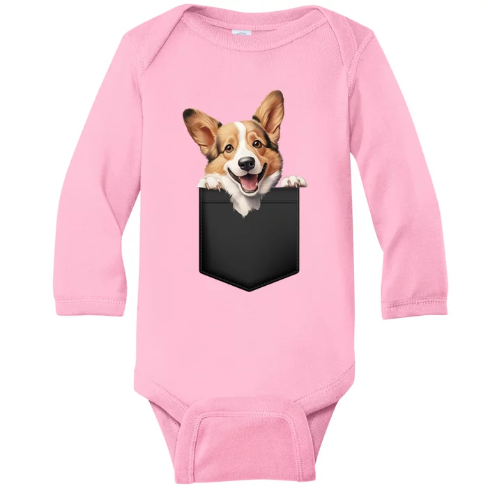 Pembroke Welsh Corgi In Pocket For Dog Canine Enthusiasts Gift Baby Long Sleeve Bodysuit