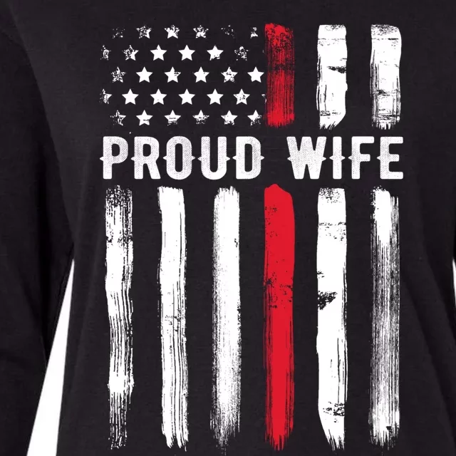 Proud Wife Firefighter Husband Thin Red Line American Flag Gift Womens Cotton Relaxed Long Sleeve T-Shirt