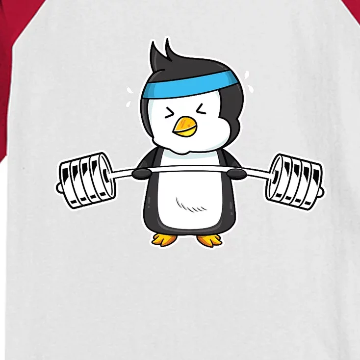 Penguin Weightlifting Funny Penguin Lovers Weightlifter Gym Premium Kids Colorblock Raglan Jersey