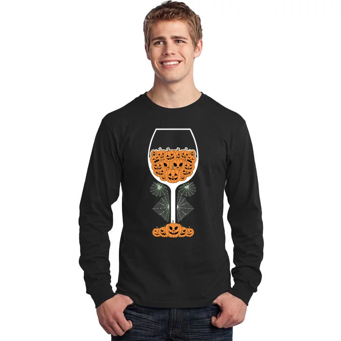 Pumpkin Wine Glass Spider Web Costume Easy Halloween Gift Tall Long Sleeve T-Shirt