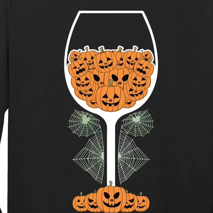 Pumpkin Wine Glass Spider Web Costume Easy Halloween Gift Tall Long Sleeve T-Shirt