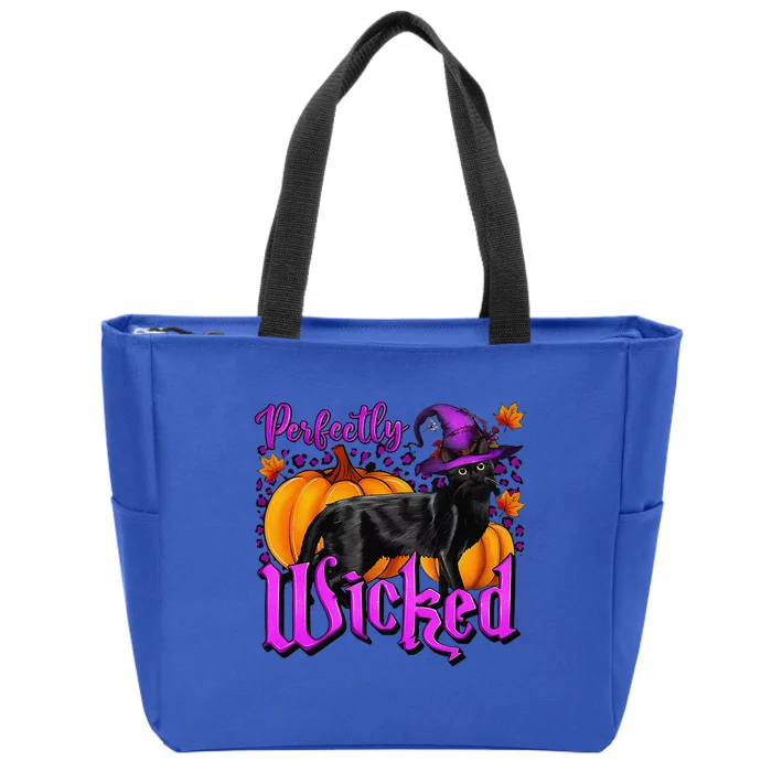 Perfectly Wicked Halloween Black Cat Witch Hat Pumpkin Zip Tote Bag