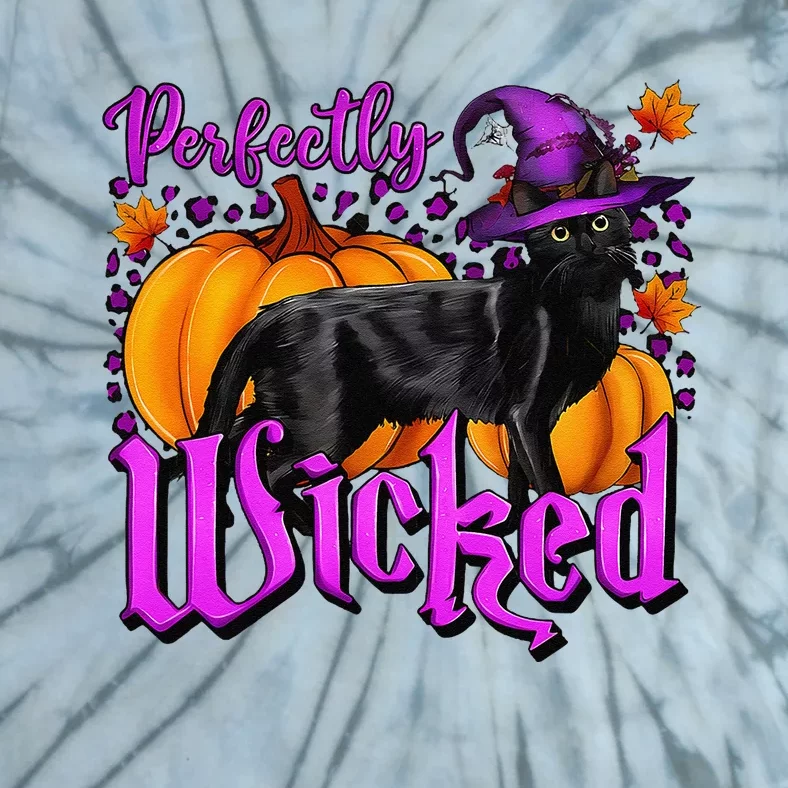 Perfectly Wicked Halloween Black Cat Witch Hat Pumpkin Tie-Dye T-Shirt