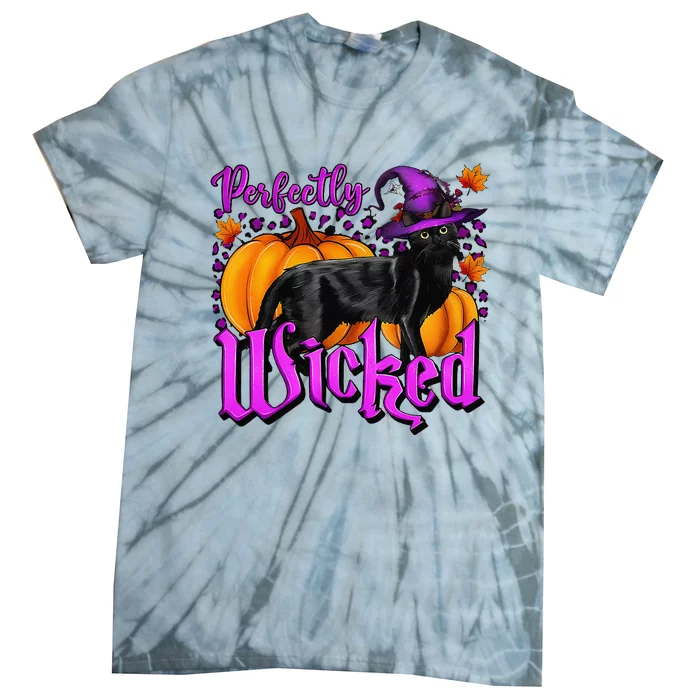 Perfectly Wicked Halloween Black Cat Witch Hat Pumpkin Tie-Dye T-Shirt