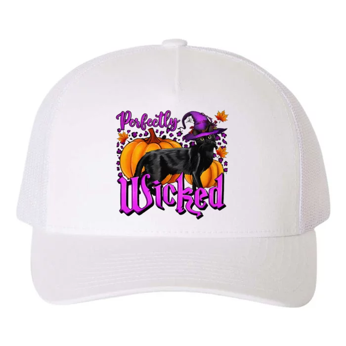 Perfectly Wicked Halloween Black Cat Witch Hat Pumpkin Yupoong Adult 5-Panel Trucker Hat