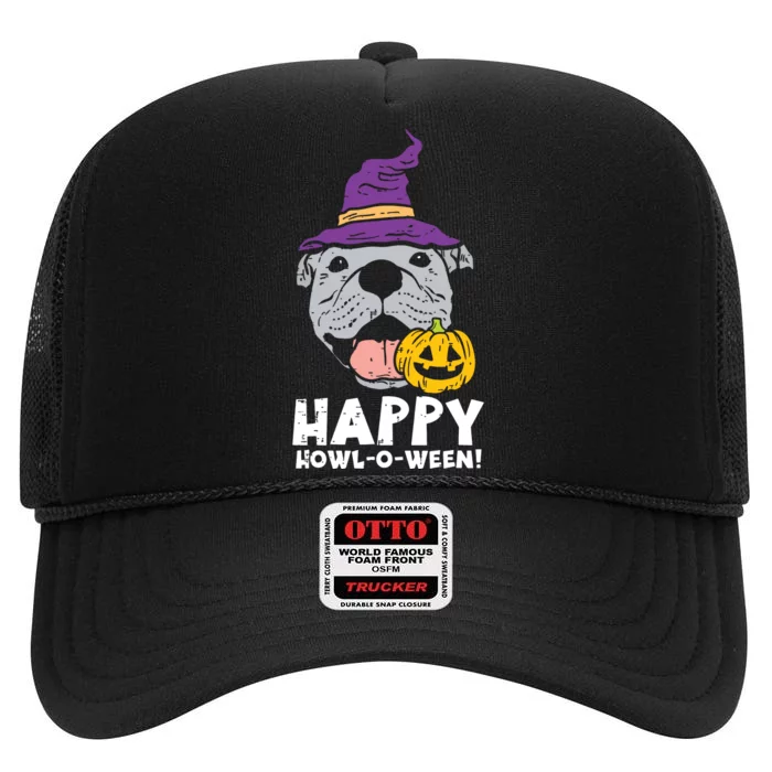 Pitbull Witch Happy Howl O Ween Pumpkin Halloween Pittie Dog High Crown Mesh Trucker Hat