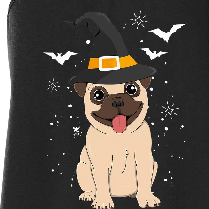 Pug Witch Halloween Dog Costume Spooky Pet Outfit for Trick or Treat Women's Racerback Tank