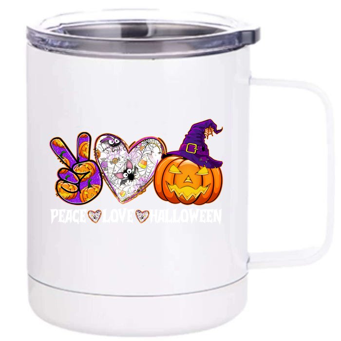 Pumpkin Witch Hat Trick Or Treat Peace Love Halloween Cool Gift Front & Back 12oz Stainless Steel Tumbler Cup