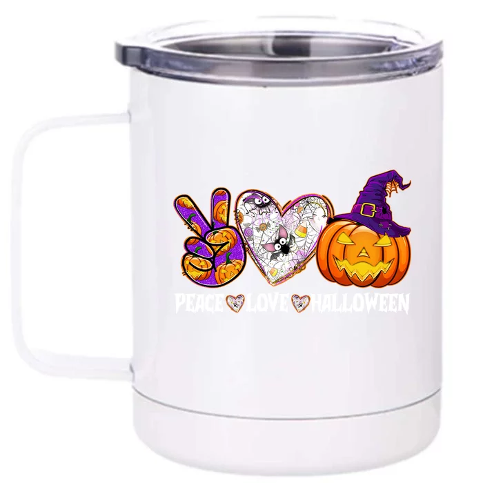 Pumpkin Witch Hat Trick Or Treat Peace Love Halloween Cool Gift Front & Back 12oz Stainless Steel Tumbler Cup