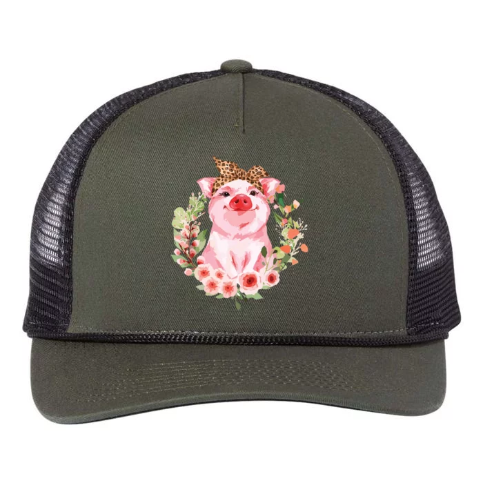 Pig With Leopard Headband Flower Cute Pig Lover Gifts Retro Rope Trucker Hat Cap