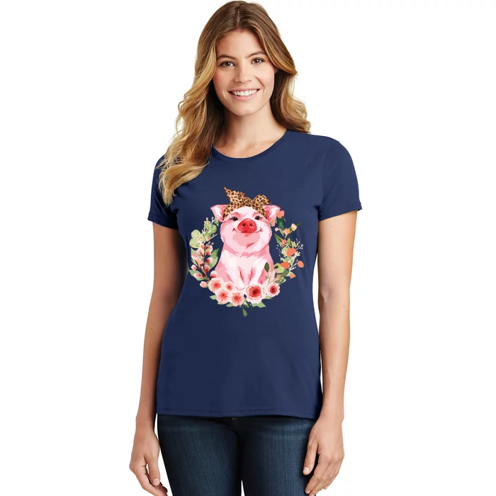 Pig With Leopard Headband Flower Cute Pig Lover Gifts Women's T-Shirt