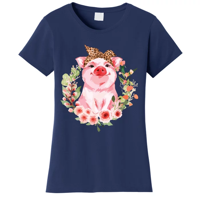 Pig With Leopard Headband Flower Cute Pig Lover Gifts Women's T-Shirt