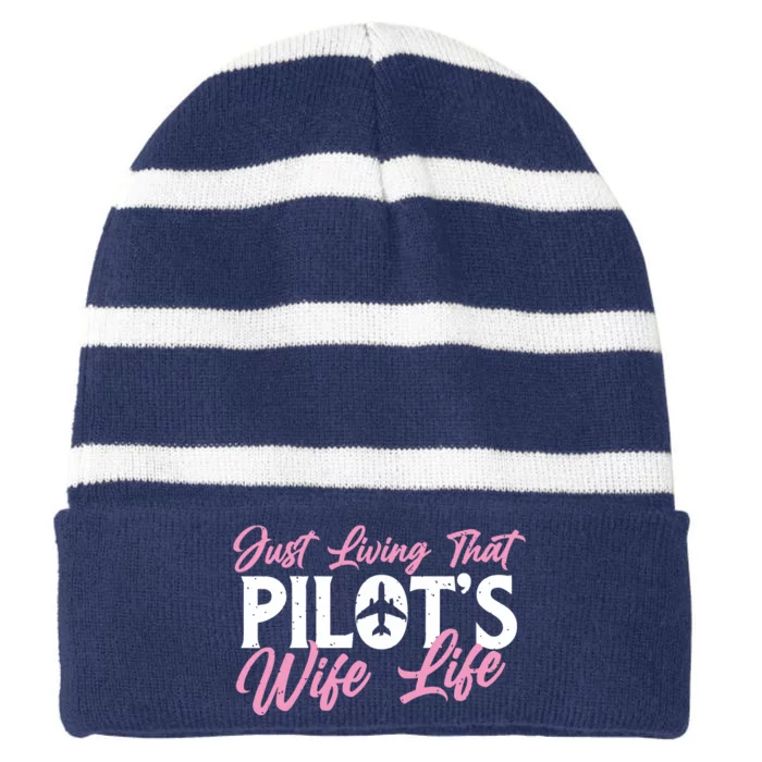 Pilots Wife Life Plane Airline Pilot Aviation Enthusiast Striped Beanie with Solid Band