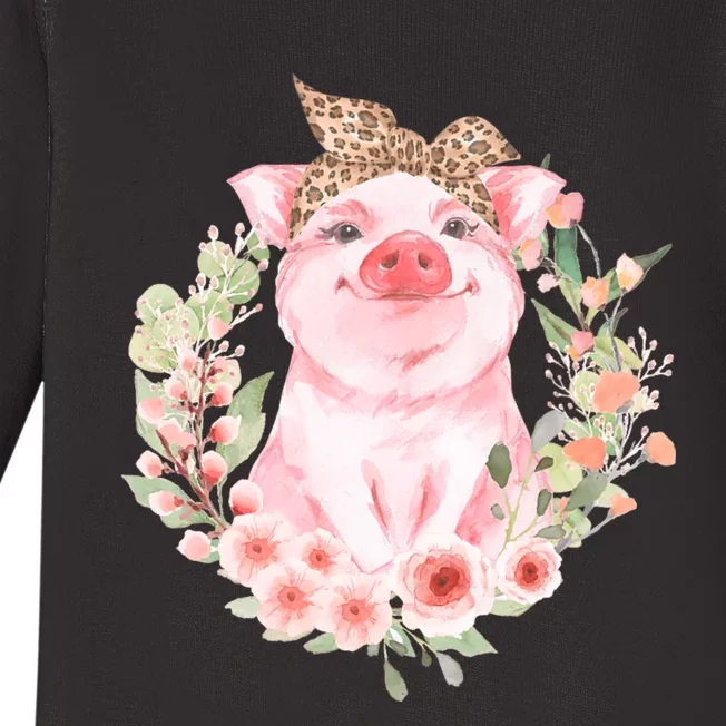 Pig With Leopard Headband Flower Cute Pig Lover Gifts Baby Long Sleeve Bodysuit