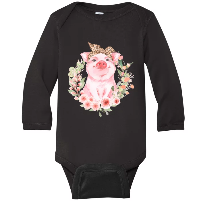 Pig With Leopard Headband Flower Cute Pig Lover Gifts Baby Long Sleeve Bodysuit