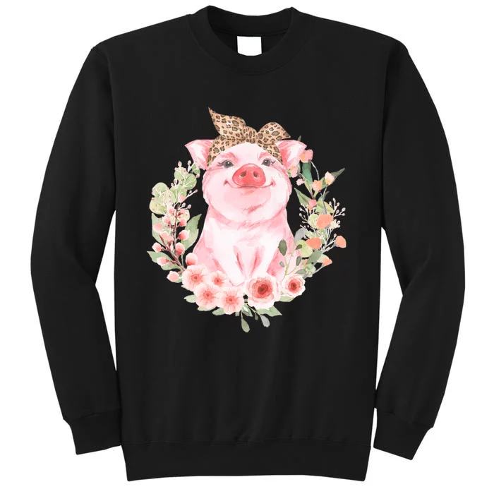 Pig With Leopard Headband Flower Cute Pig Lover Gifts Tall Sweatshirt