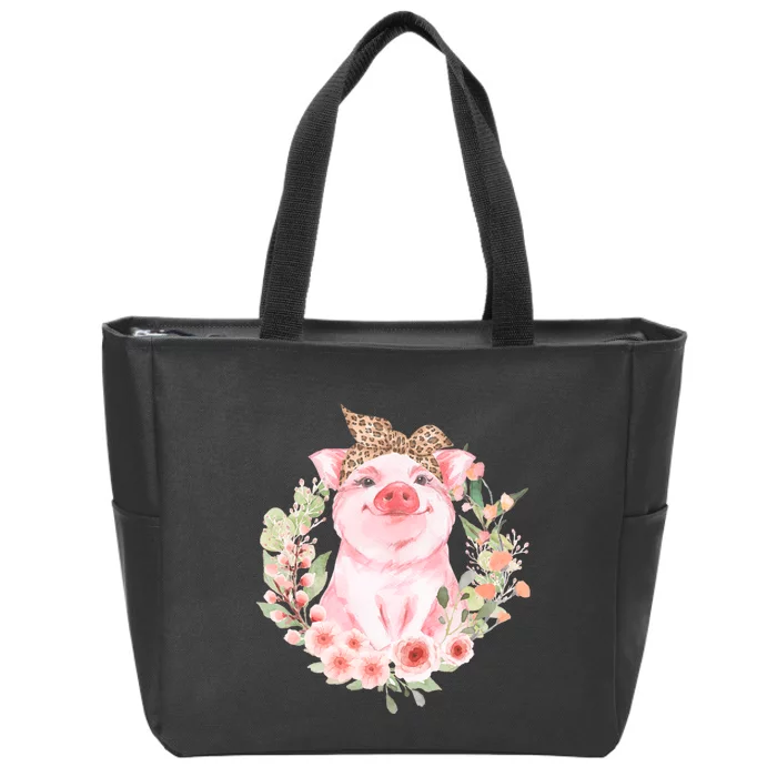 Pig With Leopard Headband Flower Cute Pig Lover Gifts Zip Tote Bag