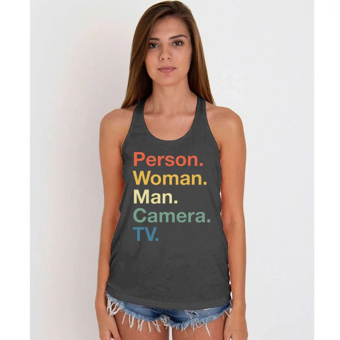 Person Woman Man Camera Tv Cognitive Test Usa 2020 Women's Knotted Racerback Tank