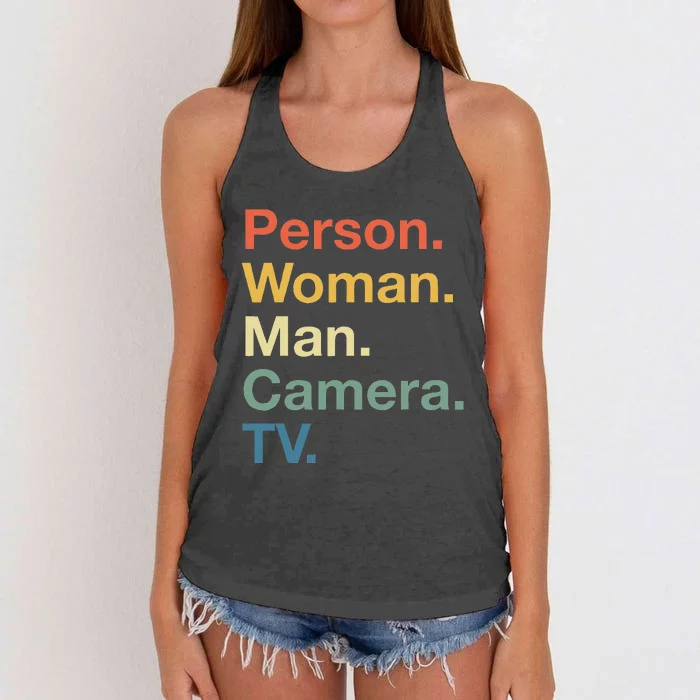 Person Woman Man Camera Tv Cognitive Test Usa 2020 Women's Knotted Racerback Tank