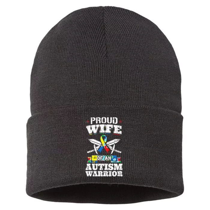 Proud Wife Of An Autism Warrior Autistic Awareness Ribbon Sustainable Knit Beanie