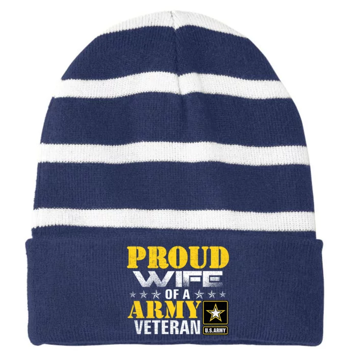 Proud Wife Of A Army Veteran American Gift Striped Beanie with Solid Band