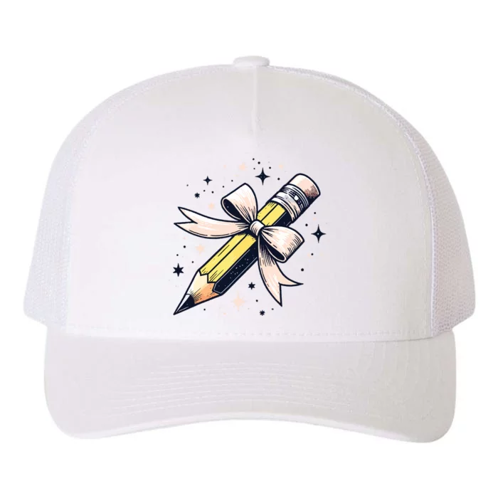 Pencil With Pink Coquette Bow Back To School Teacher Life Yupoong Adult 5-Panel Trucker Hat