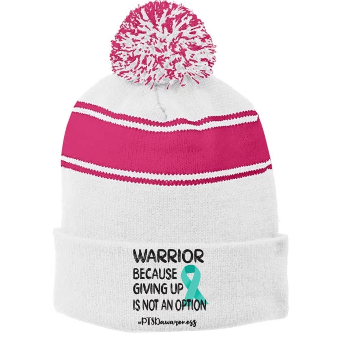 PTSD Warrior Post Traumatic Stress Disorder Teal Ribbon Stripe Pom Pom Beanie