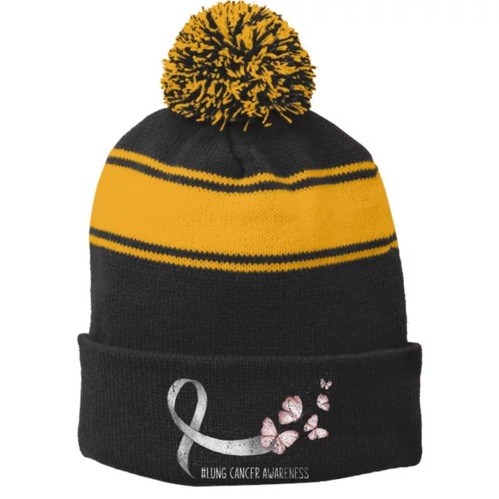 Pretty White Ribbon Support Lung Cancer Awareness Stripe Pom Pom Beanie