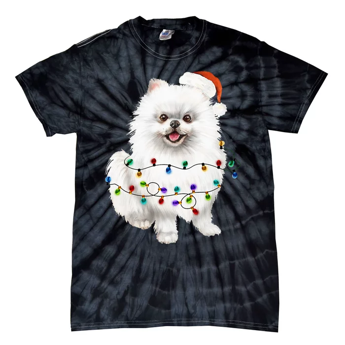 Pomeranian White Santa Christmas Tree Lights Xmas Dog Lover Tie-Dye T-Shirt