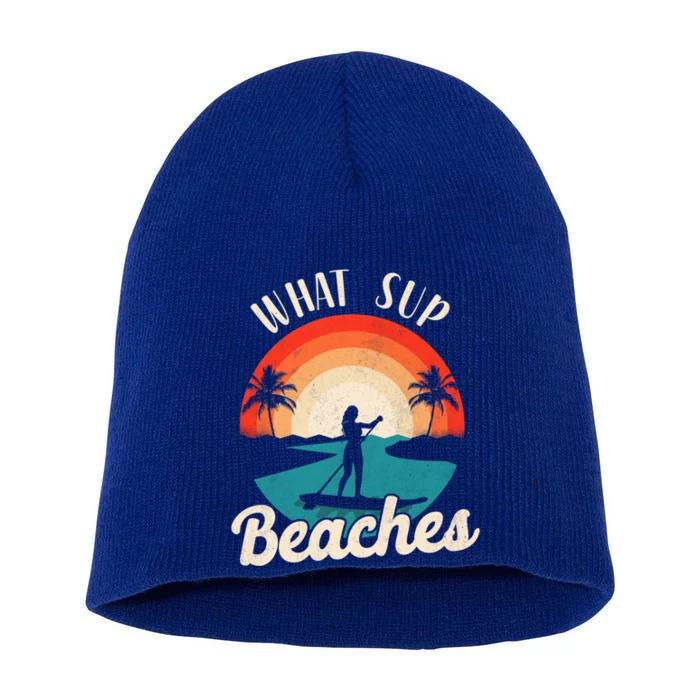 Paddleboard What Sup Beaches Girl Vintage Retro Sunset Gift Short Acrylic Beanie