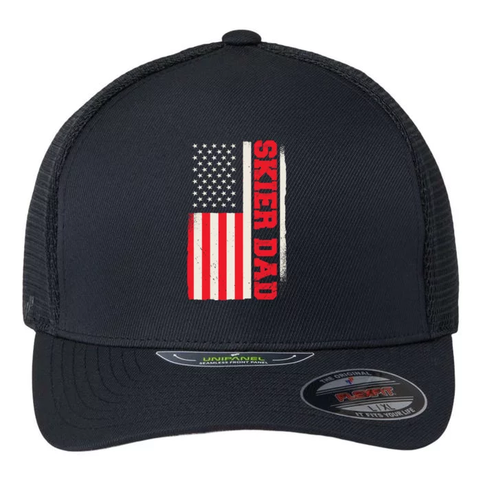 Patriotic Winter Ski Skiing Skier Dad American Flag Gift Flexfit Unipanel Trucker Cap