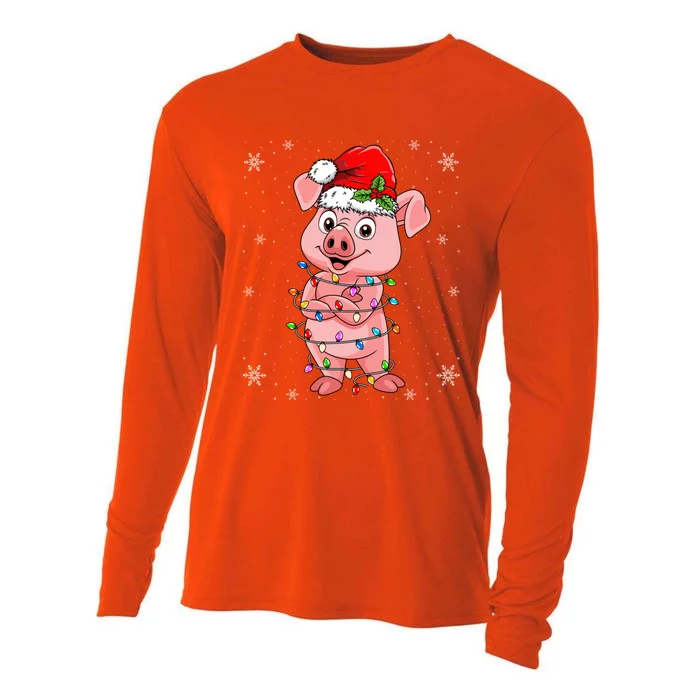 Pig Wearing Santa Hat Xmas Light Pig Lover Christmas Meaningful Gift Cooling Performance Long Sleeve Crew