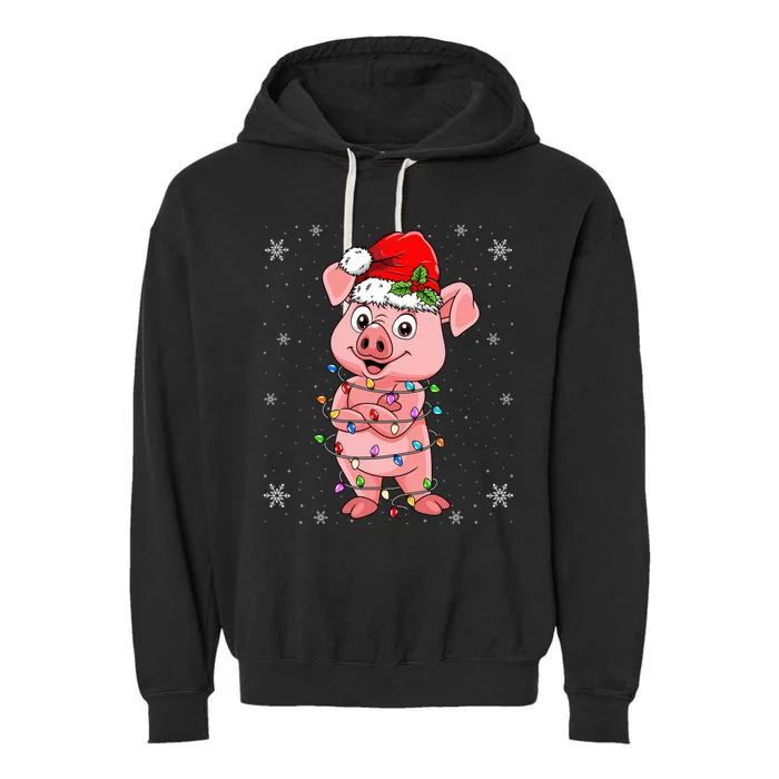 Pig Wearing Santa Hat Xmas Light Pig Lover Christmas Meaningful Gift Garment-Dyed Fleece Hoodie