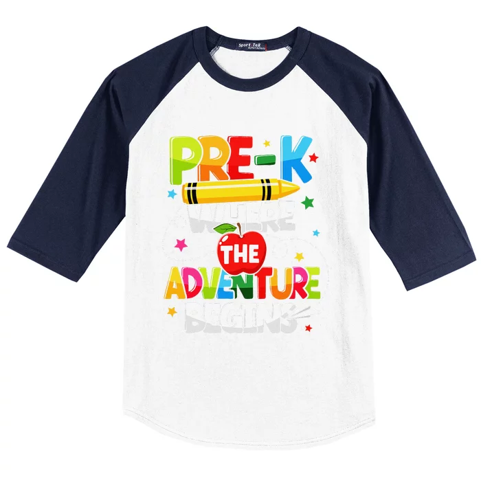 PreK Where The Adventure Begins Back To School Teacher Baseball Sleeve Shirt